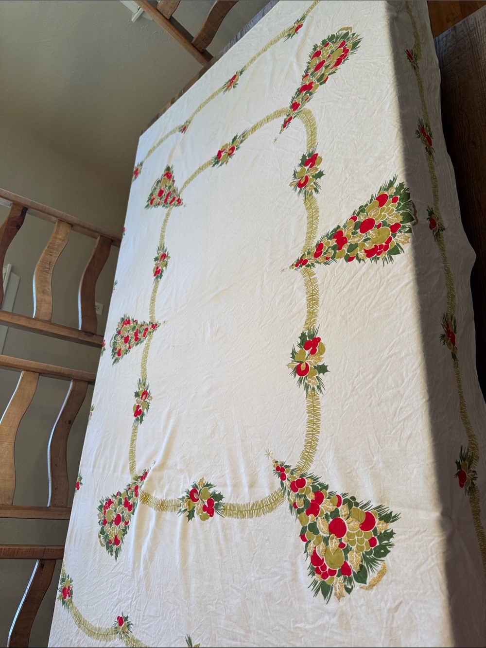 California Handprints Holiday 52x64 Tablecloth in off white, gold, red, & green